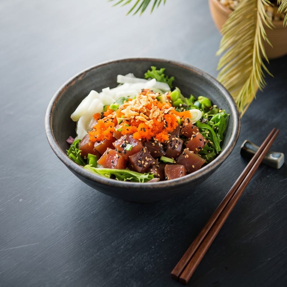 A dark bowl of poke with tuna, roe, sesame seeds, and greens, with chopsticks beside it.